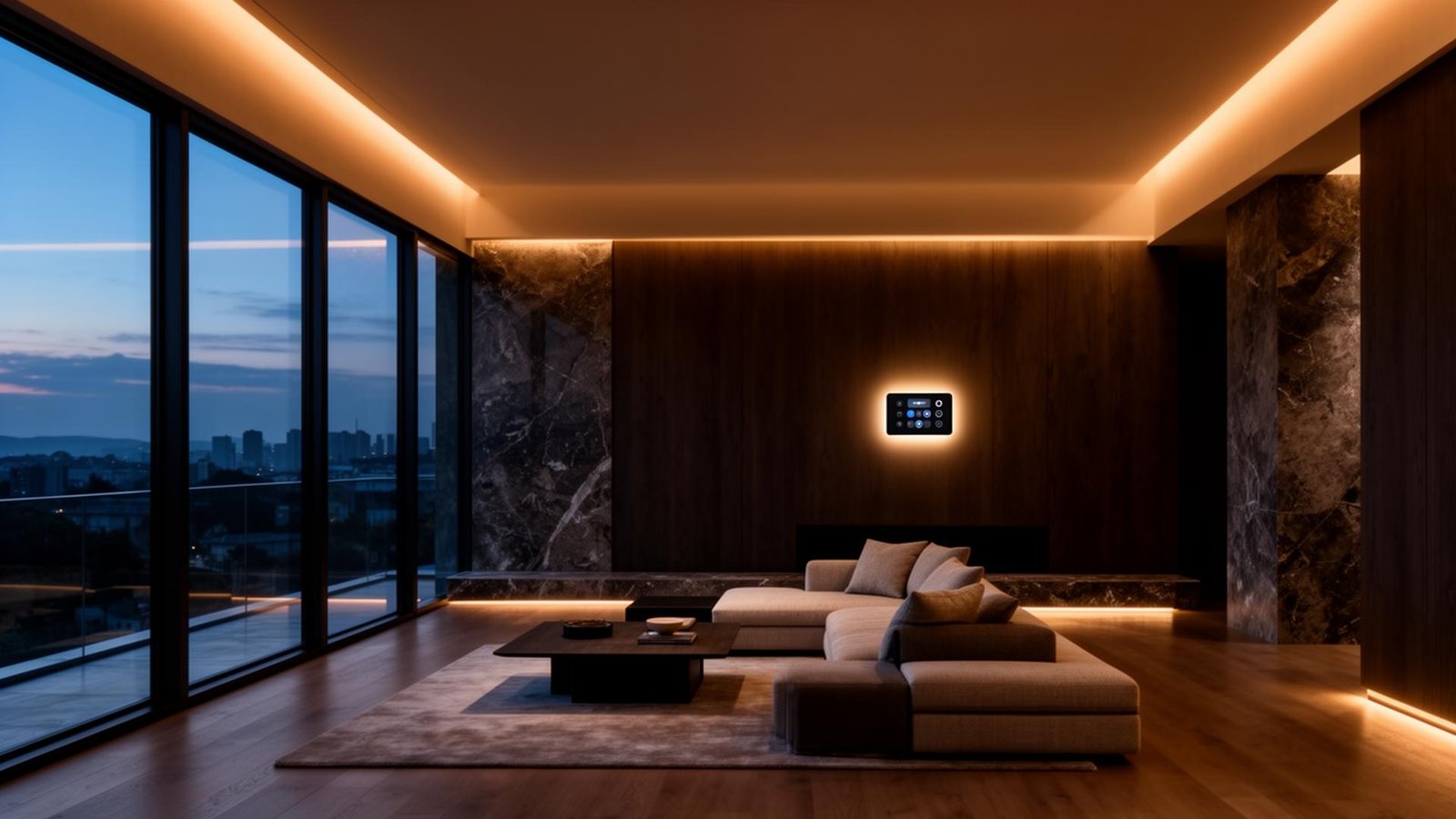 Modern luxury smart living room interior design with warm automation tracking lighting